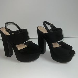 Black suede open toe bamboo chunky heels